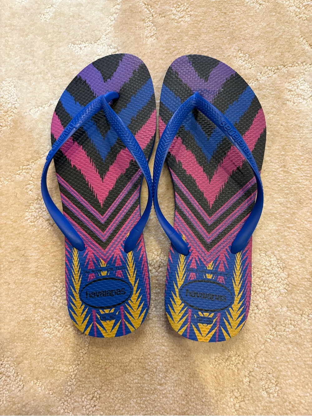 Havaianas Blue Strap Chevron Flip Flops with Purple, Pink & Yellow Pattern